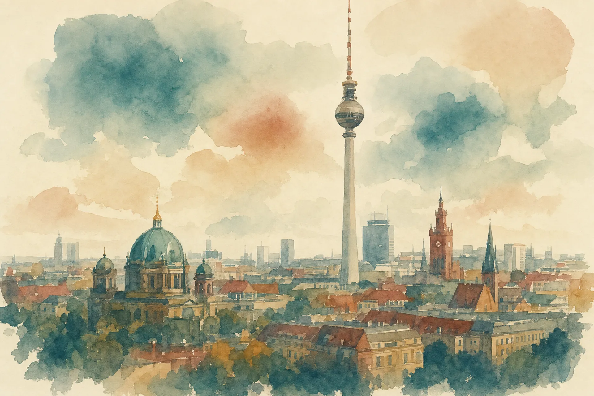 Aquarell der Berliner Skyline mit dem Fernsehturm