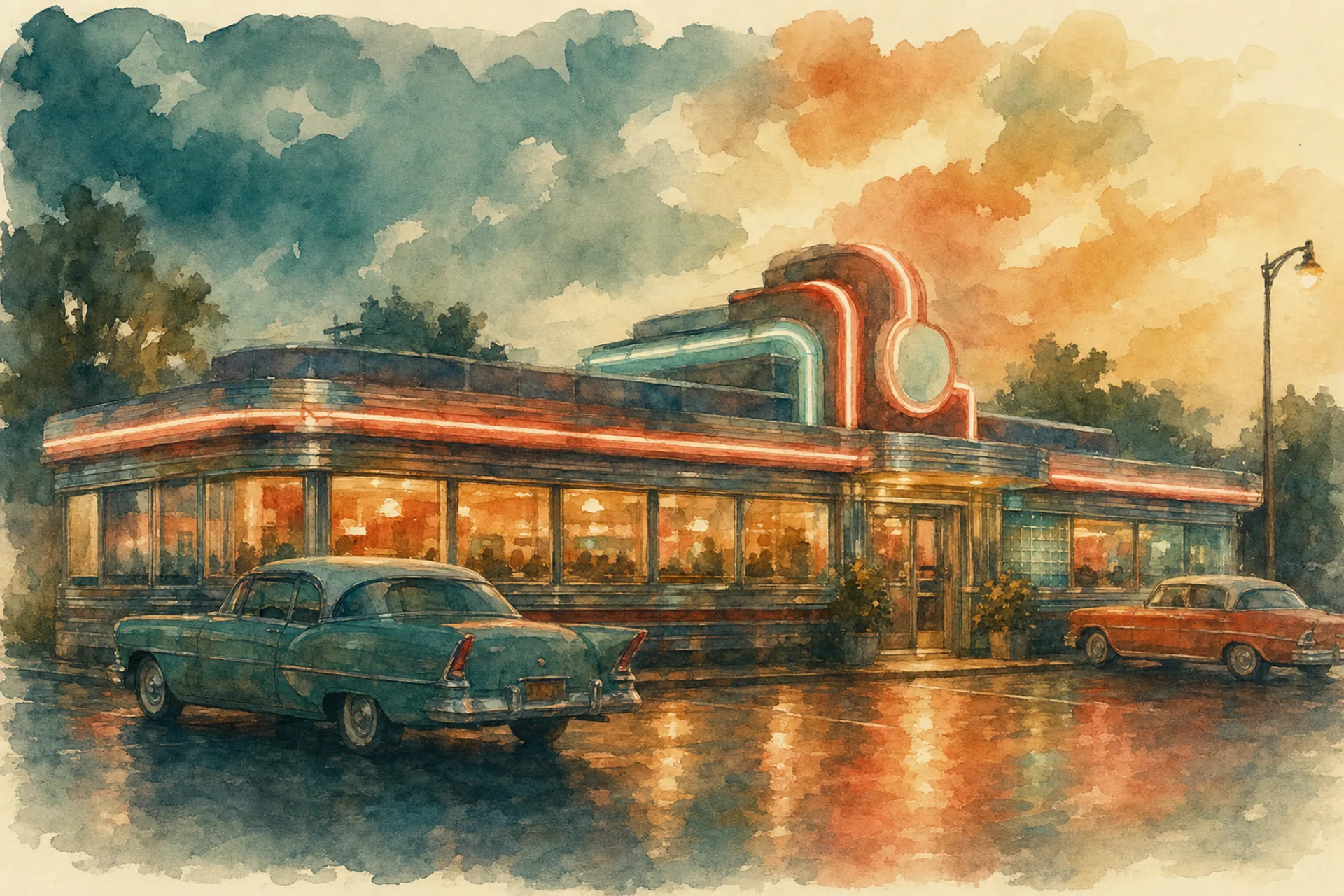 Aquarell der Front eines amerikanischen Diners bei Dämmerung