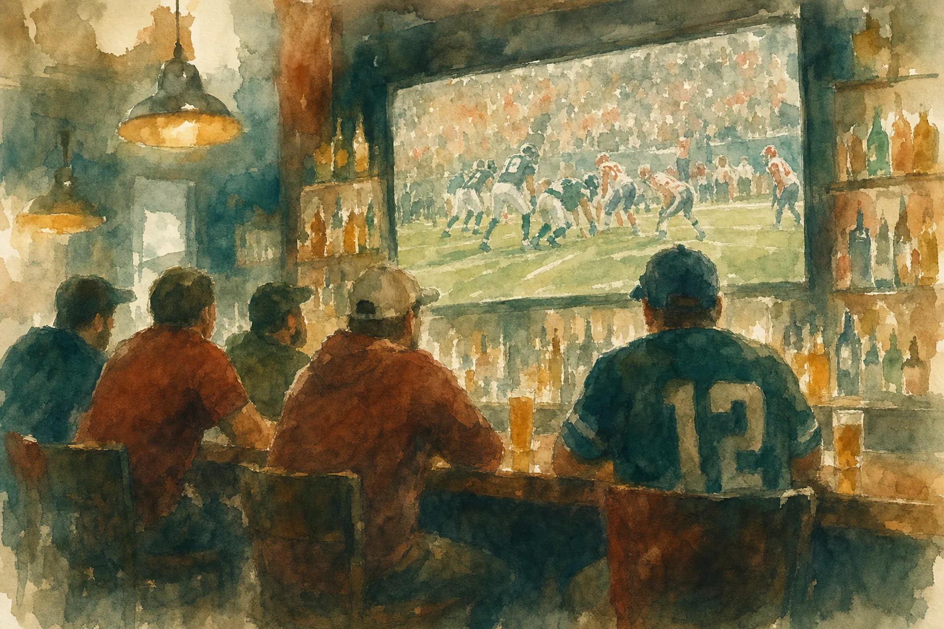 Aquarell einer amerikanischen Sportbar mit Großbildleinwand